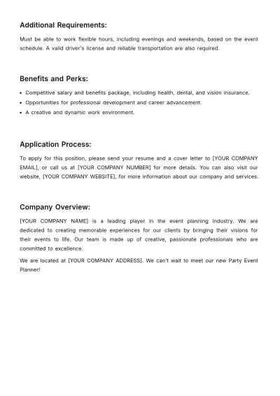 Free Party Event Planner Job Description Template to Edit Online