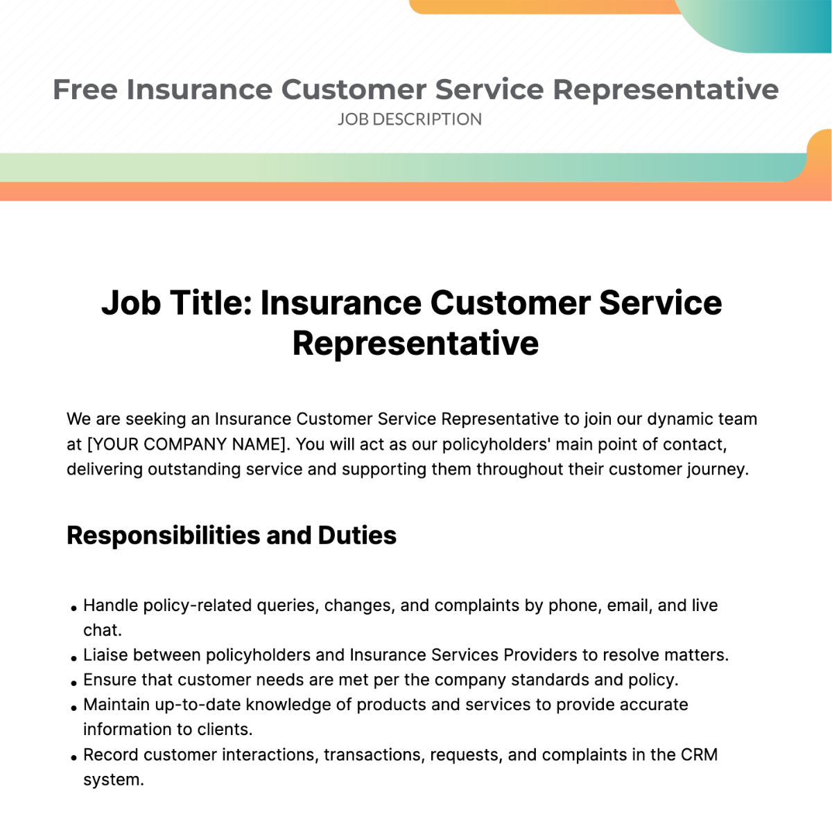 Insurance Customer Service Representative Job Description Template