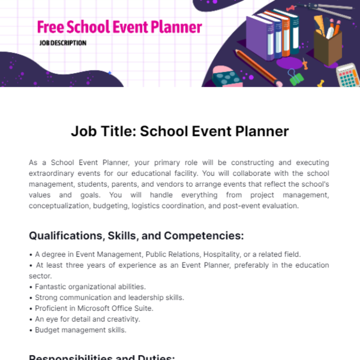 School Event Planner Job Description Template