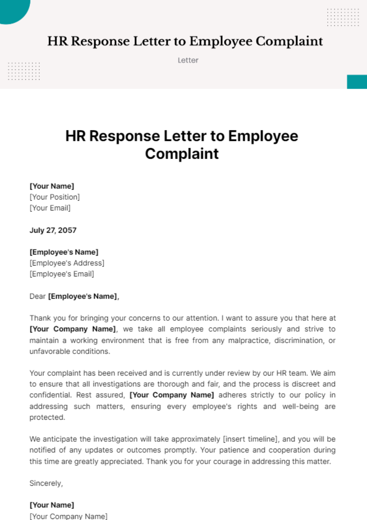 Free HR Response Letter to Employee Complaint Template