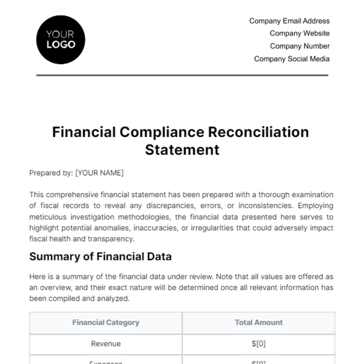 Financial Compliance Reconciliation Statement Template
