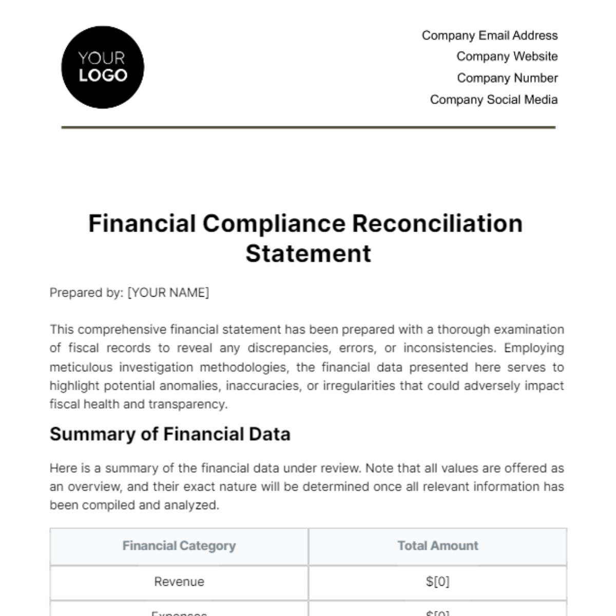 Financial Compliance Reconciliation Statement Template - Edit Online & Download