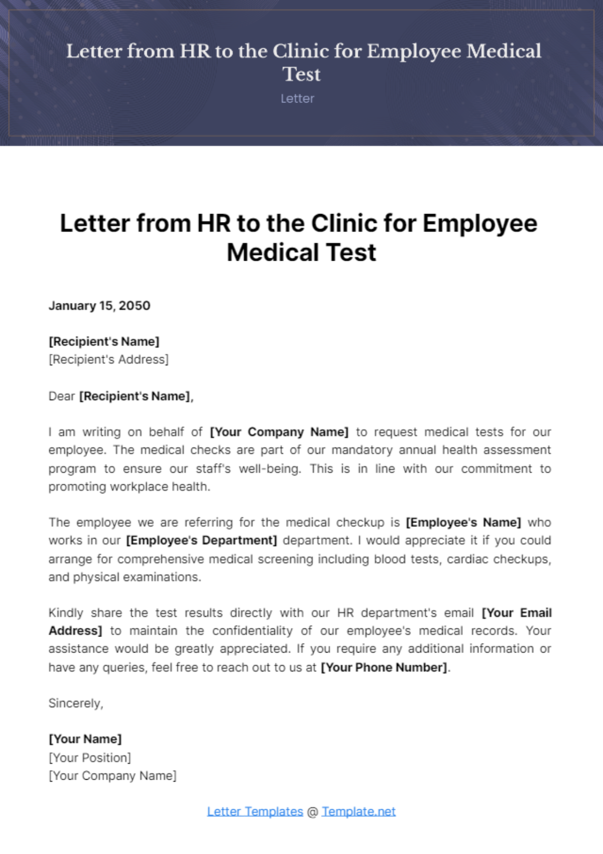 Free Letter from HR to the Clinic for Employee Medical Test Template