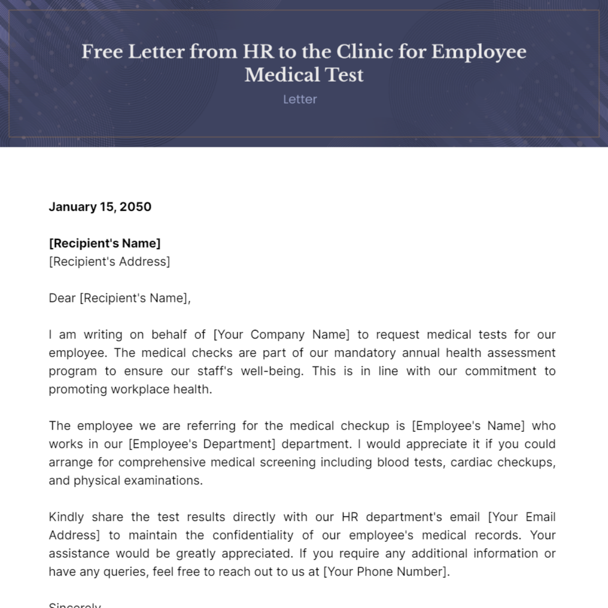 Letter from HR to the Clinic for Employee Medical Test Template