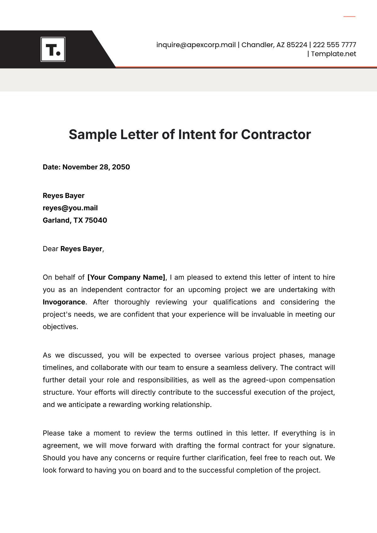 Sample Letter of Intent for Contractor Template - Edit Online & Download