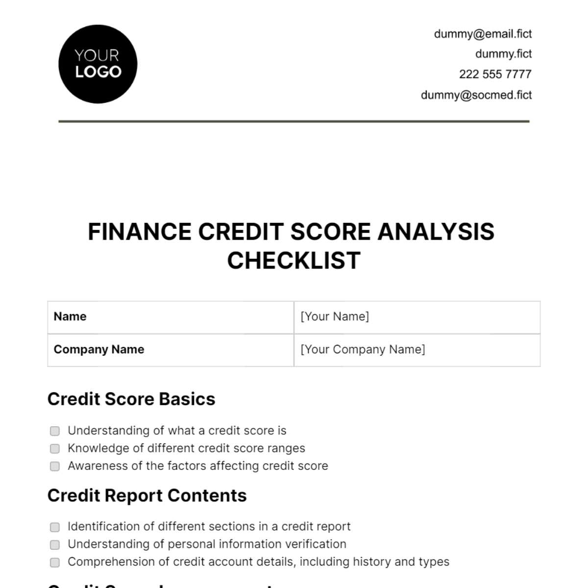 Finance Credit Score Analysis Checklist Template