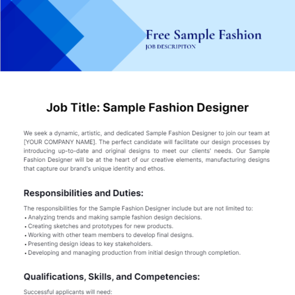 Free Sample Fashion Job Description Template