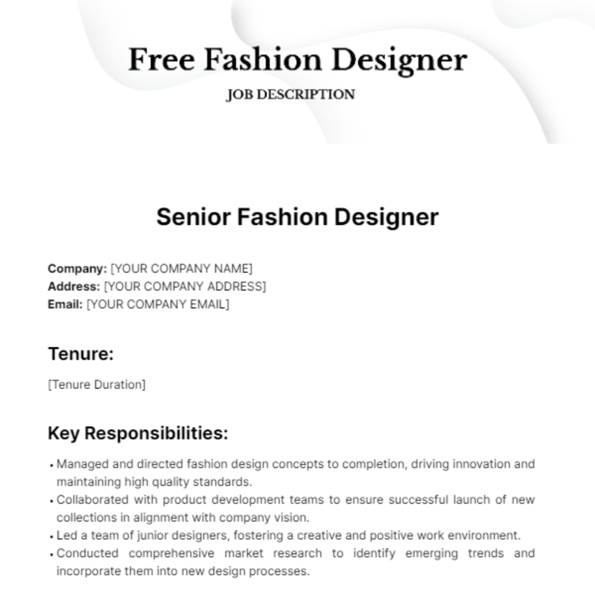 Fashion Designer Job Description Resume Template