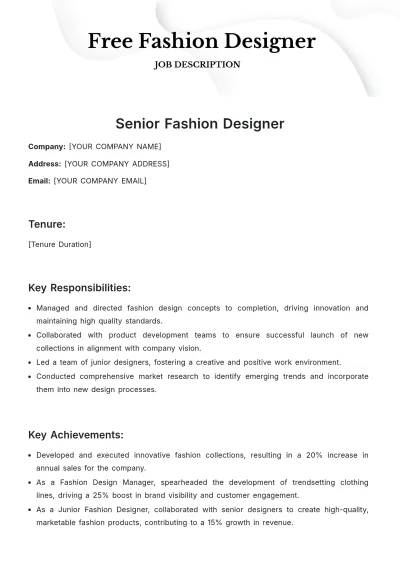 Free Fashion Designer Job Description Resume Template to Edit Online