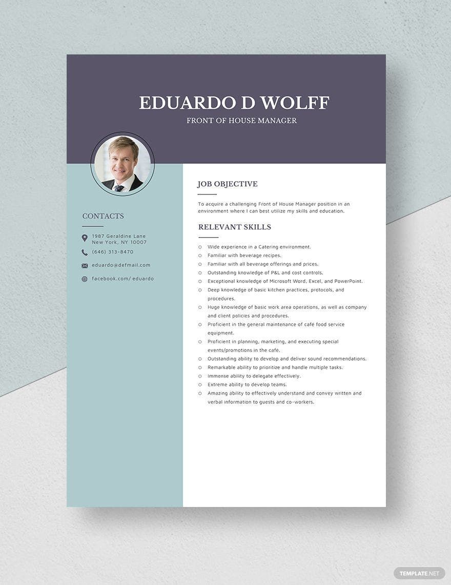 Free Front of House Manager Resume Template