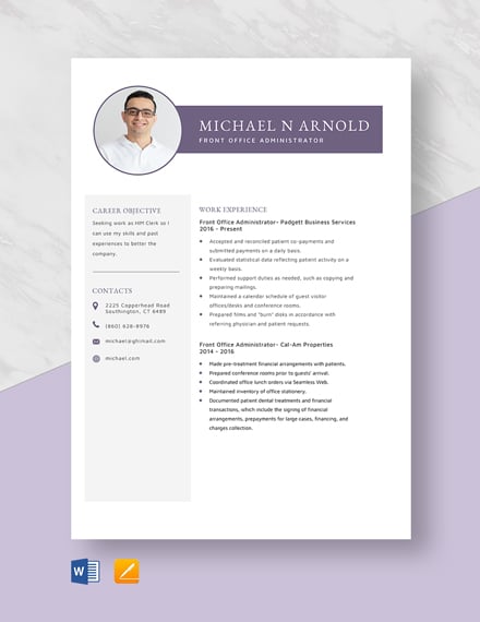 Front Office Administrator Resume Template - Word, Apple Pages