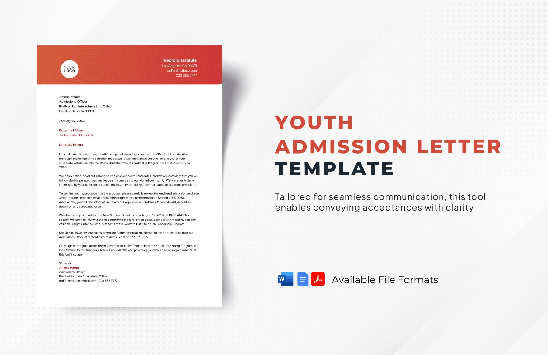 Youth Admission Letter Template