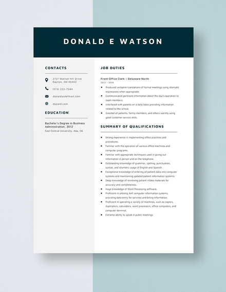 Free Front Office Clerk Resume Template - Word, Apple Pages | Template.net