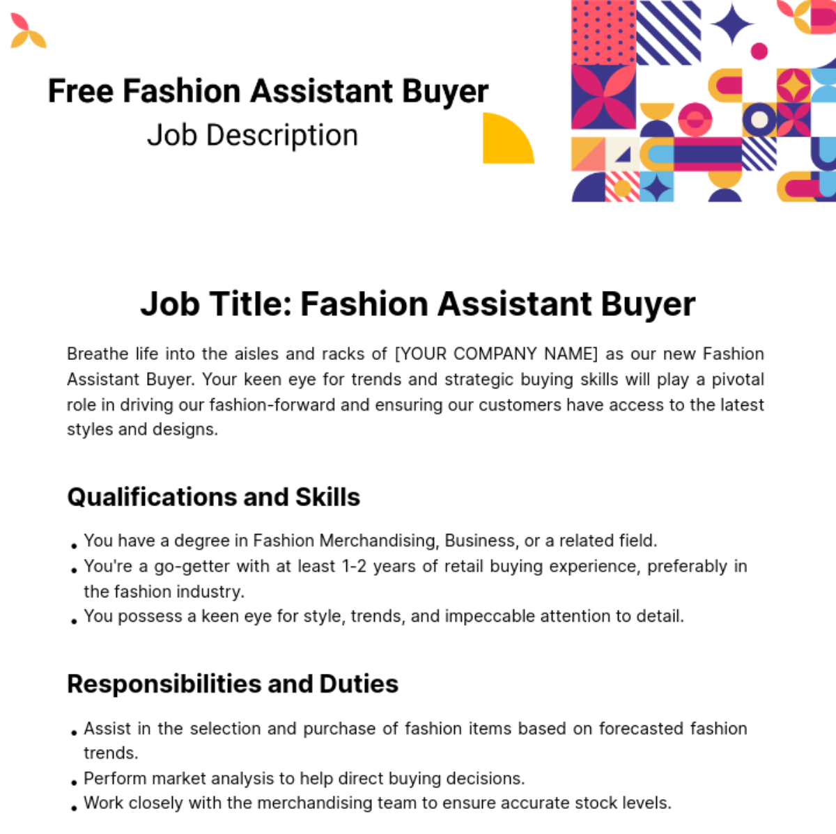 Free Fashion Assistant Buyer Template