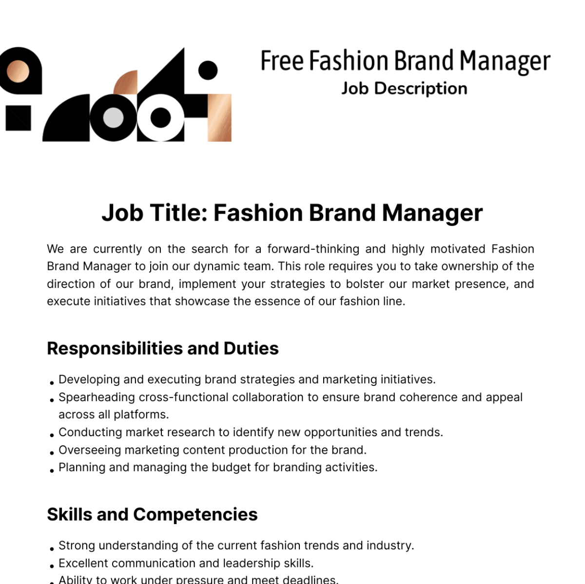 Fashion Brand Manager Job Description Template