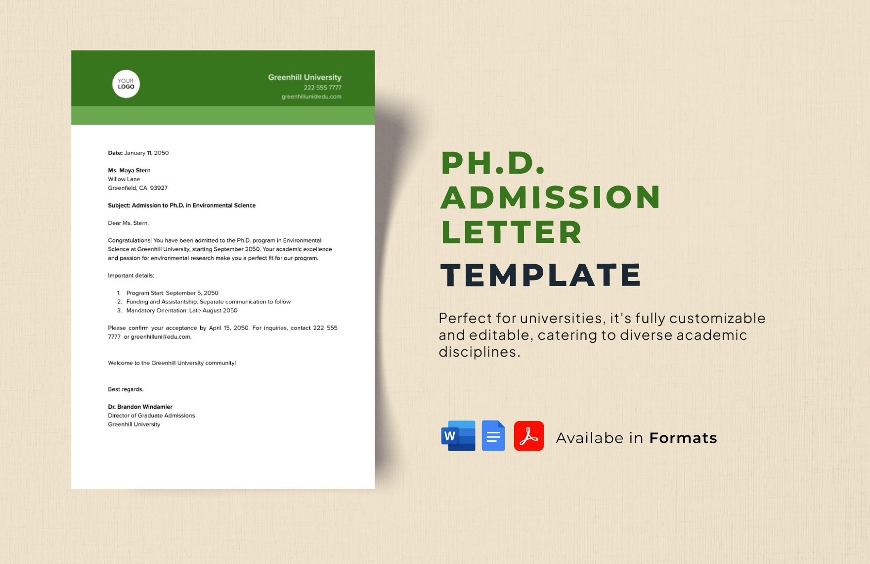 Ph.D. Admission Letter Template