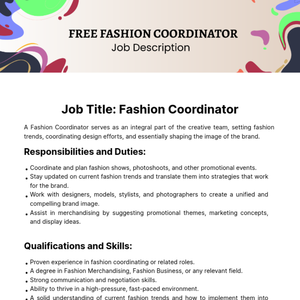 Free Fashion Coordinator Job Description Template