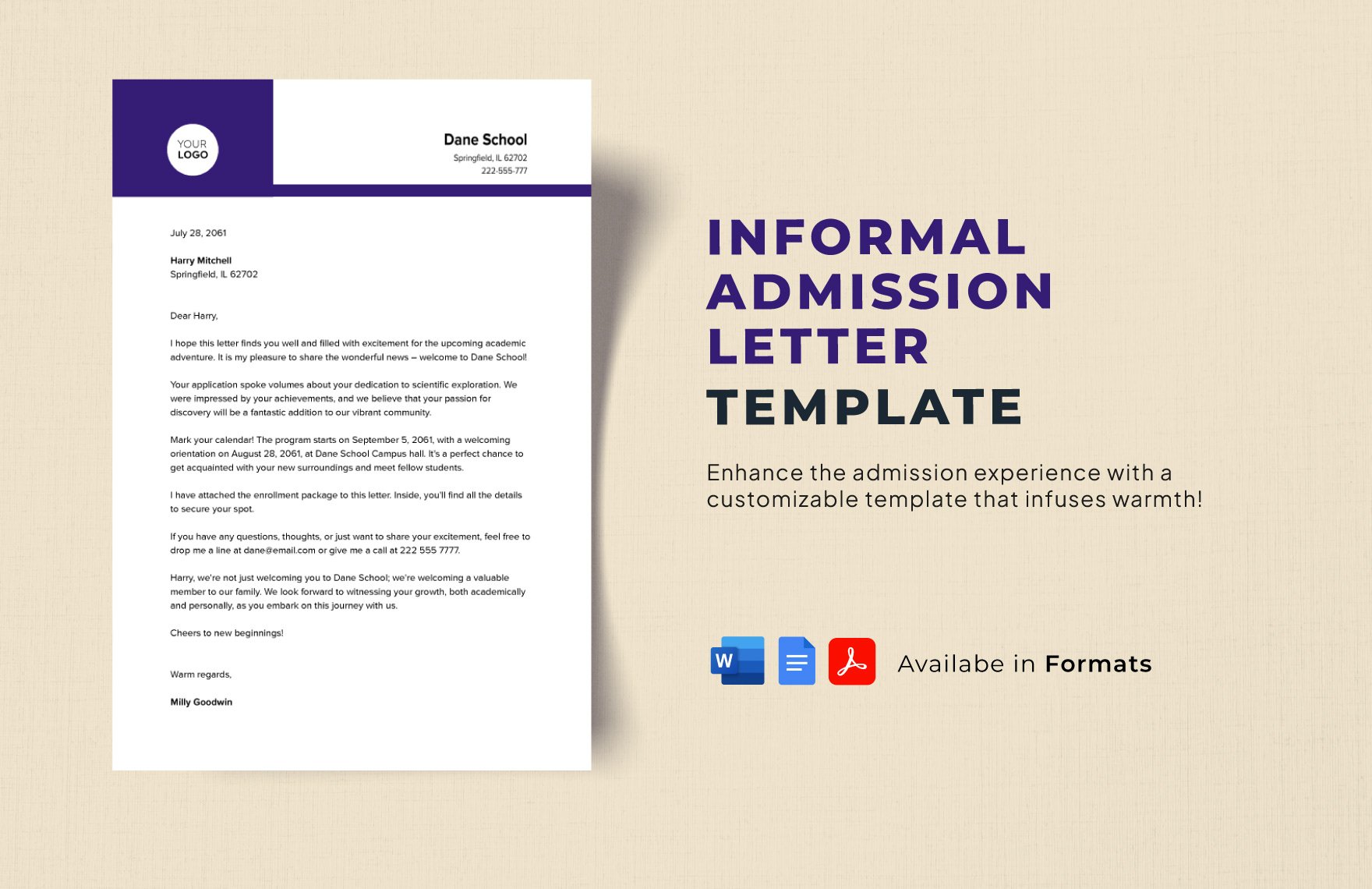 Informal Admission Letter Template