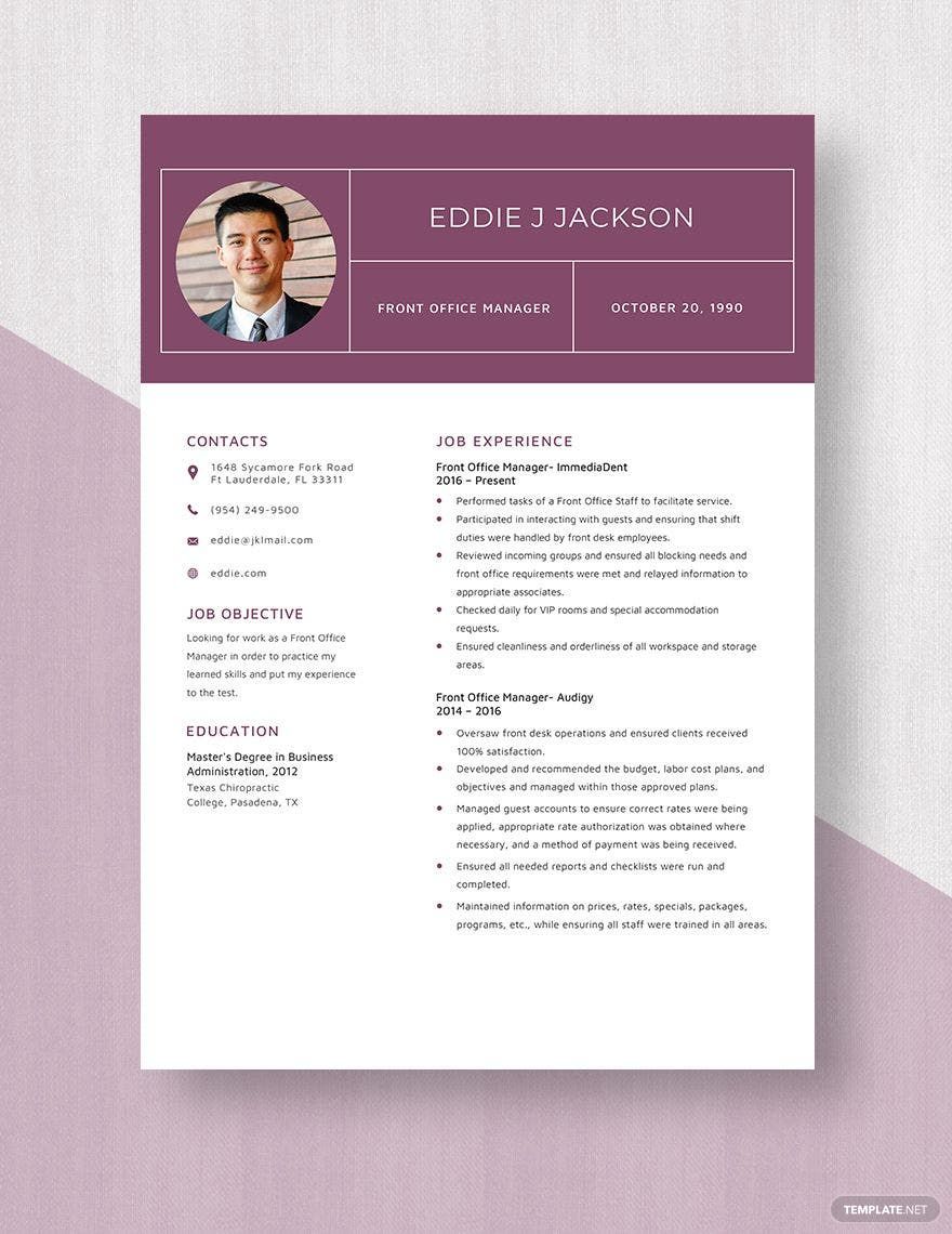 Front Office Manager Resume in Word, Apple Pages