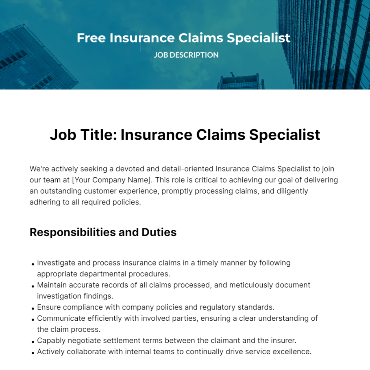 Insurance Claims Specialist Job Description Template