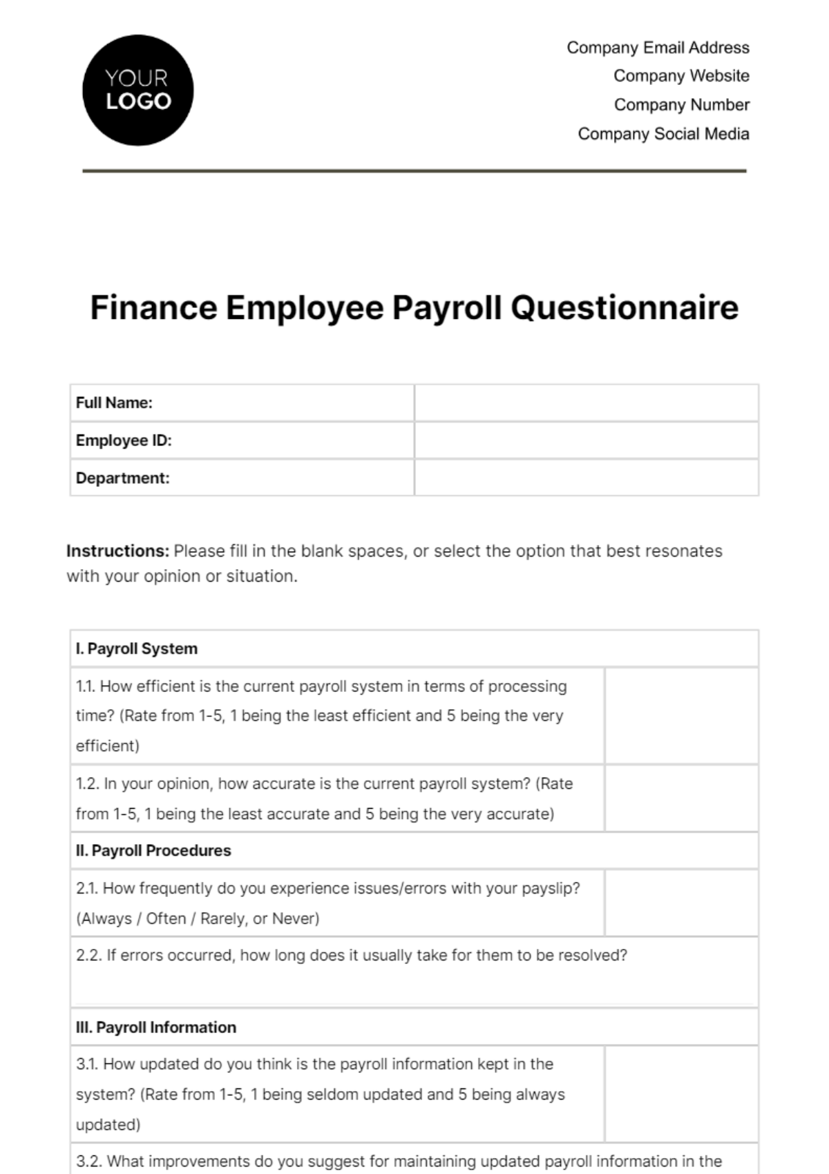 Finance Employee Payroll Questionnaire Template