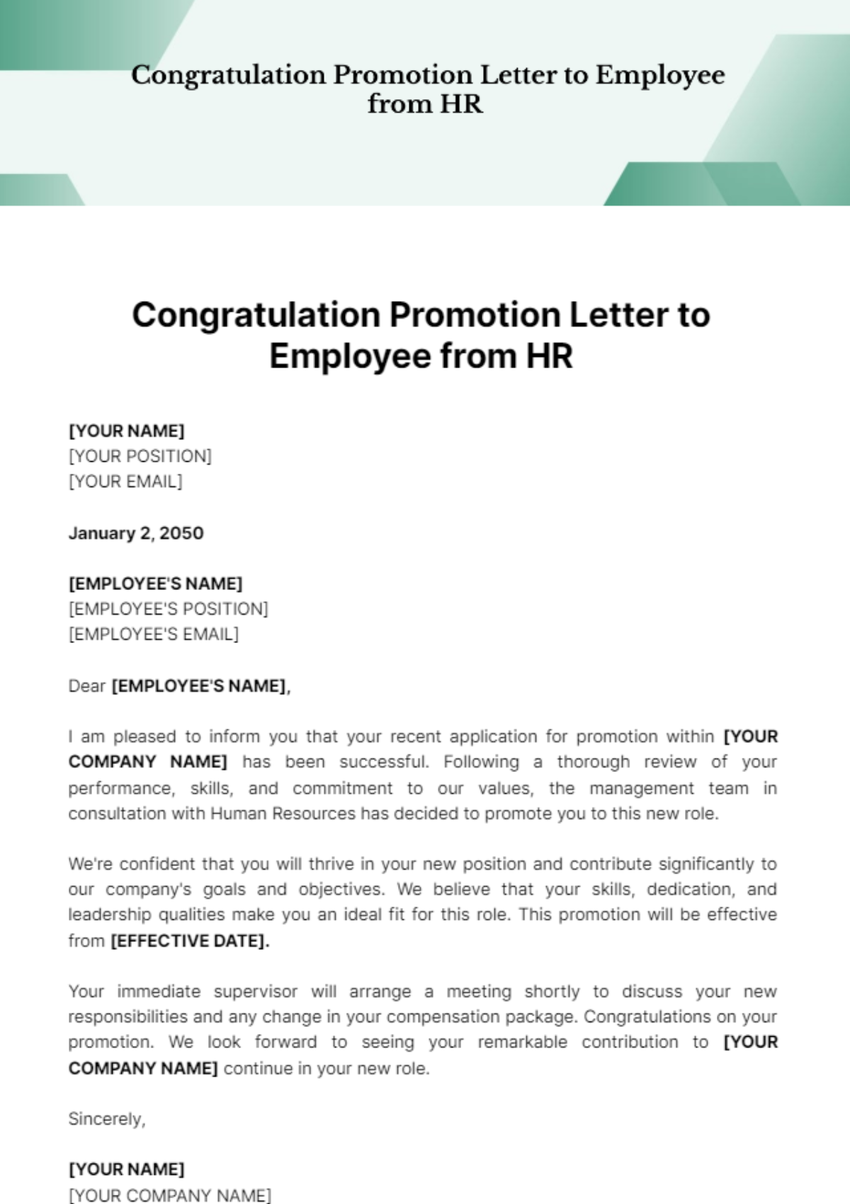 Free Congratulation Promotion Letter to Employee from HR Template
