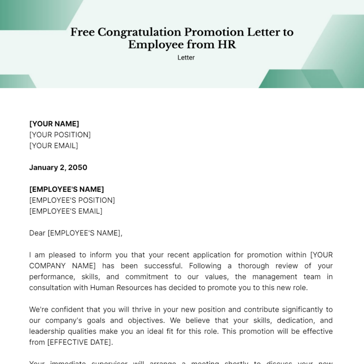 Congratulation Promotion Letter to Employee from HR Template