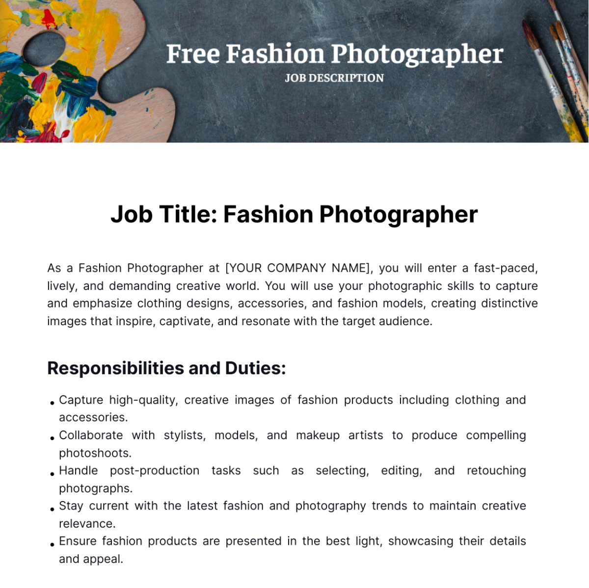 Free Fashion Photographer Job Description Template