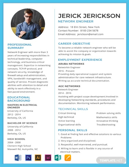 Basic Network Engineer Resume Template - Illustrator, InDesign, Word, Apple Pages, PSD, Publisher