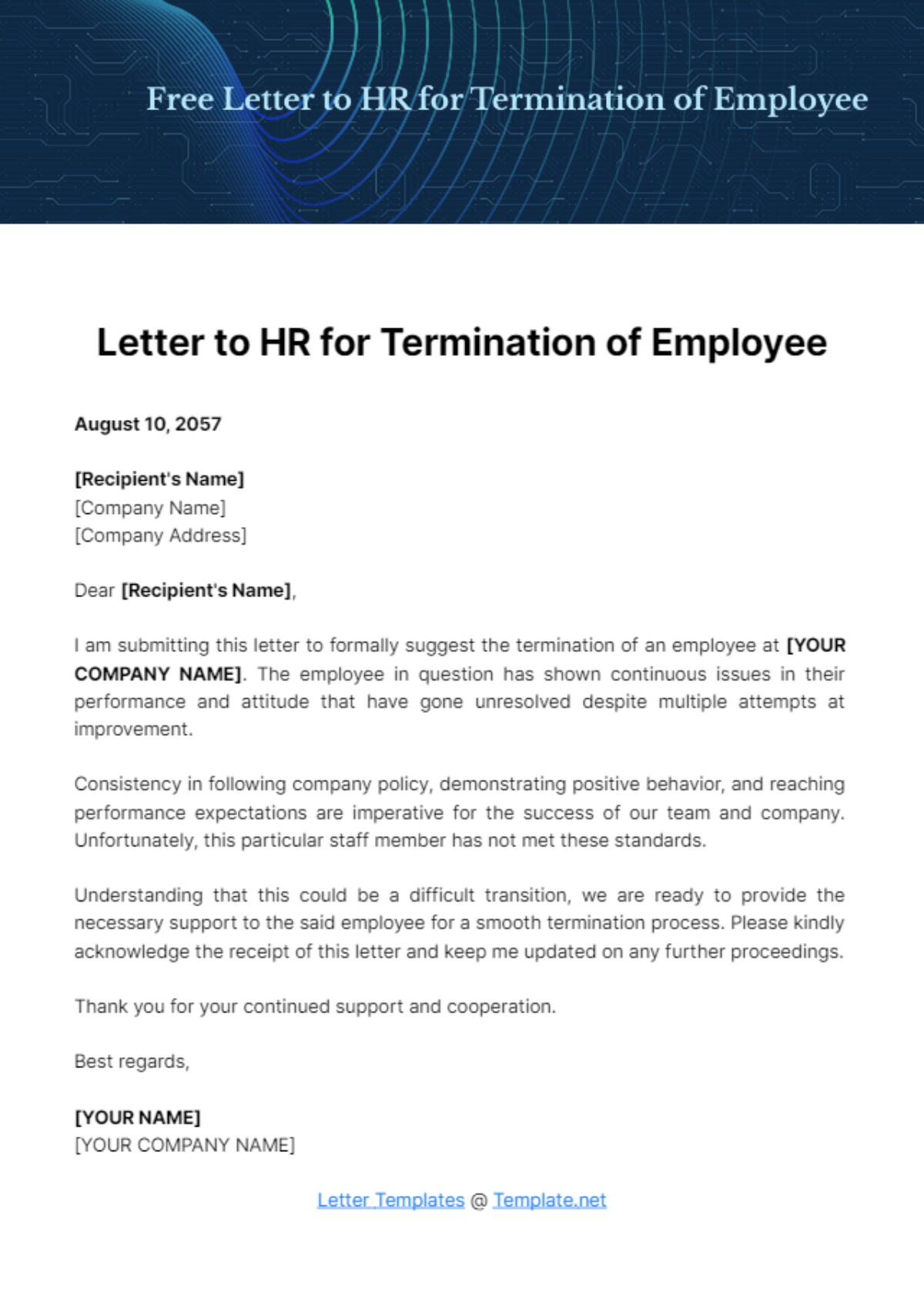 Free Letter to HR for Termination of Employee Template