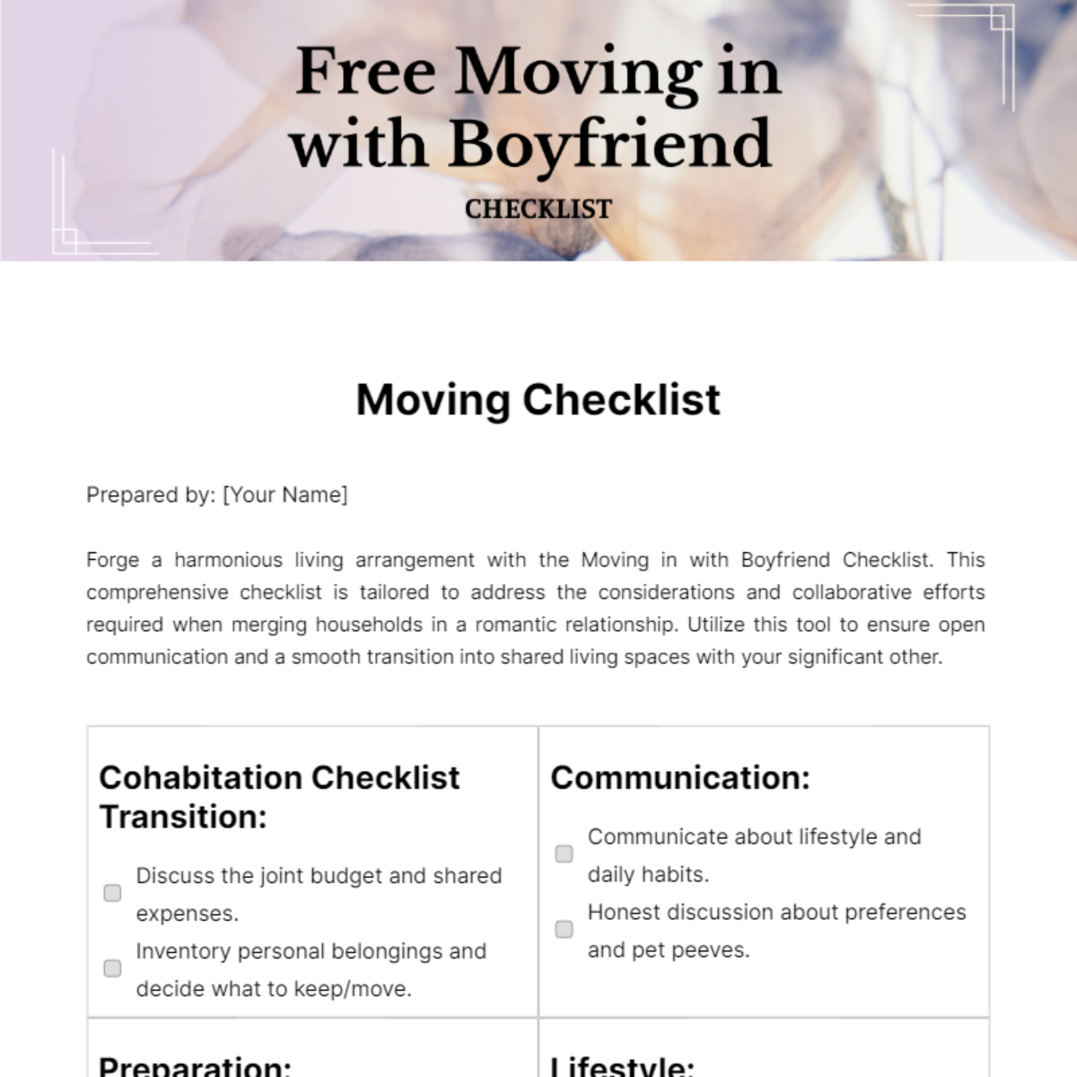 Moving in with Boyfriend Checklist Template