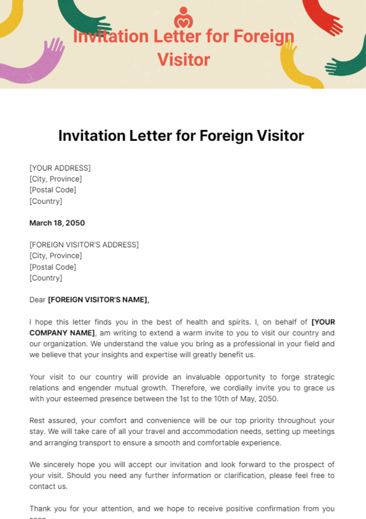 Invitation Letter for Foreign Visitor Template
