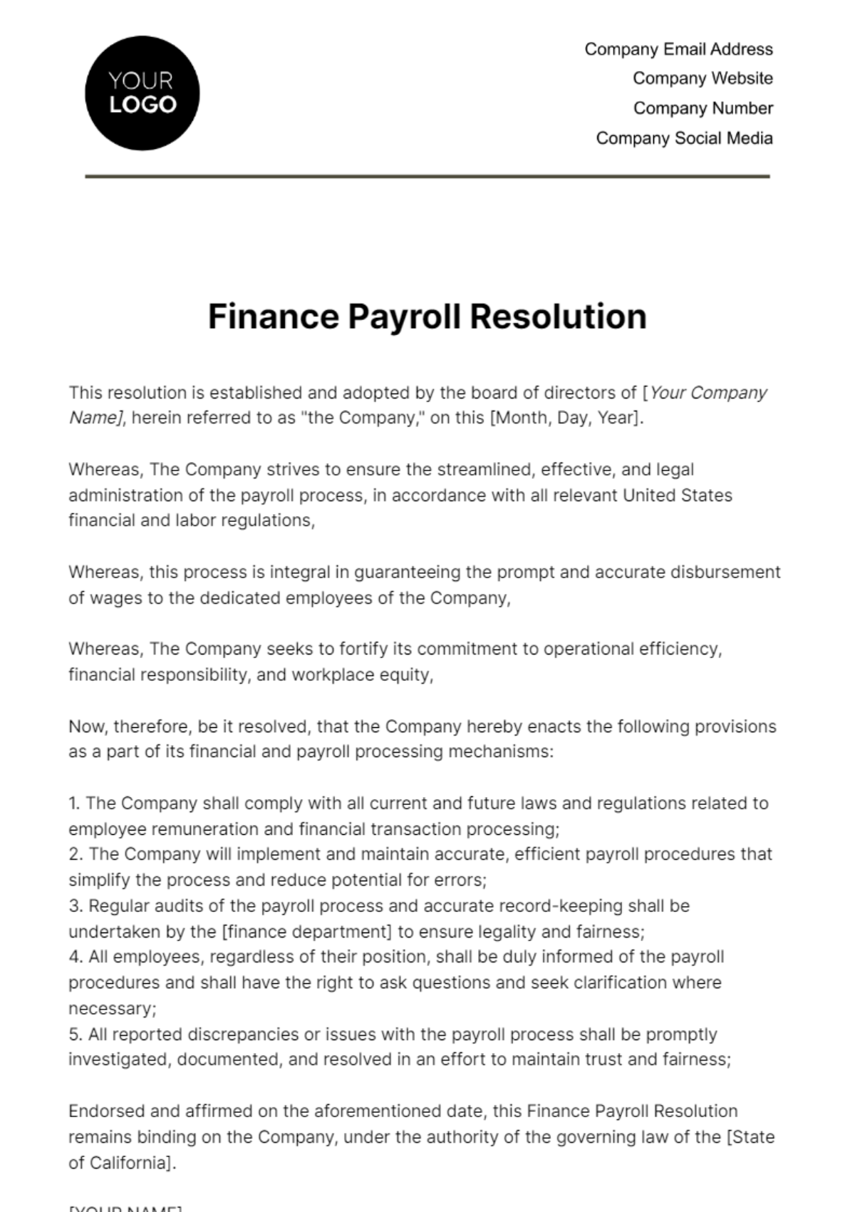 Finance Payroll Resolution Template