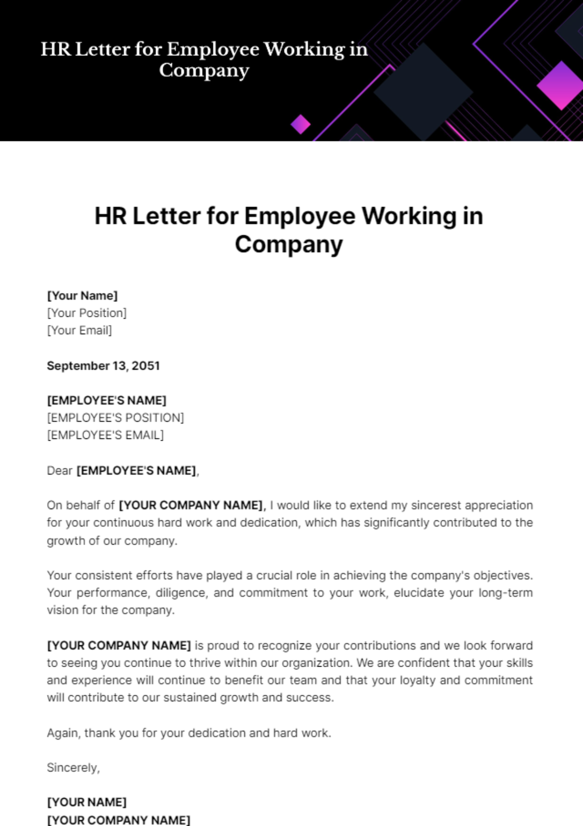 Free HR Letter for Employee Working in Company Template