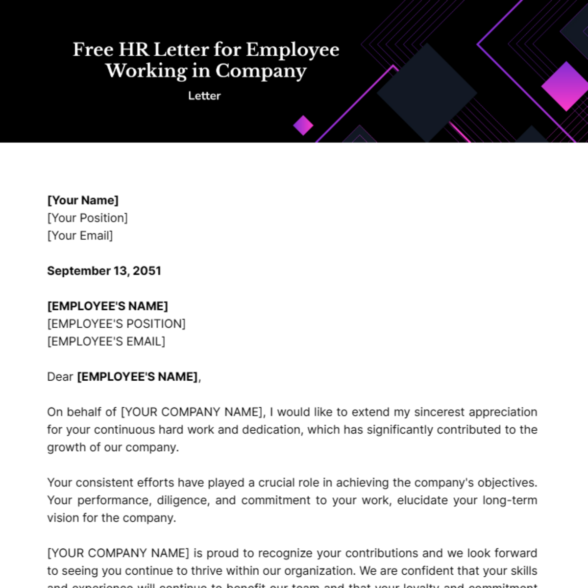 HR Letter for Employee Working in Company Template