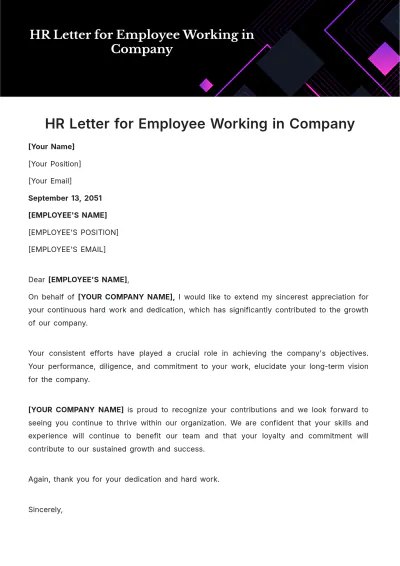 Free HR Letter for Employee Working in Company Template to Edit Online