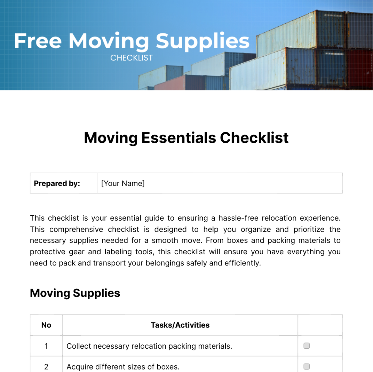 Moving Supplies Checklist Template