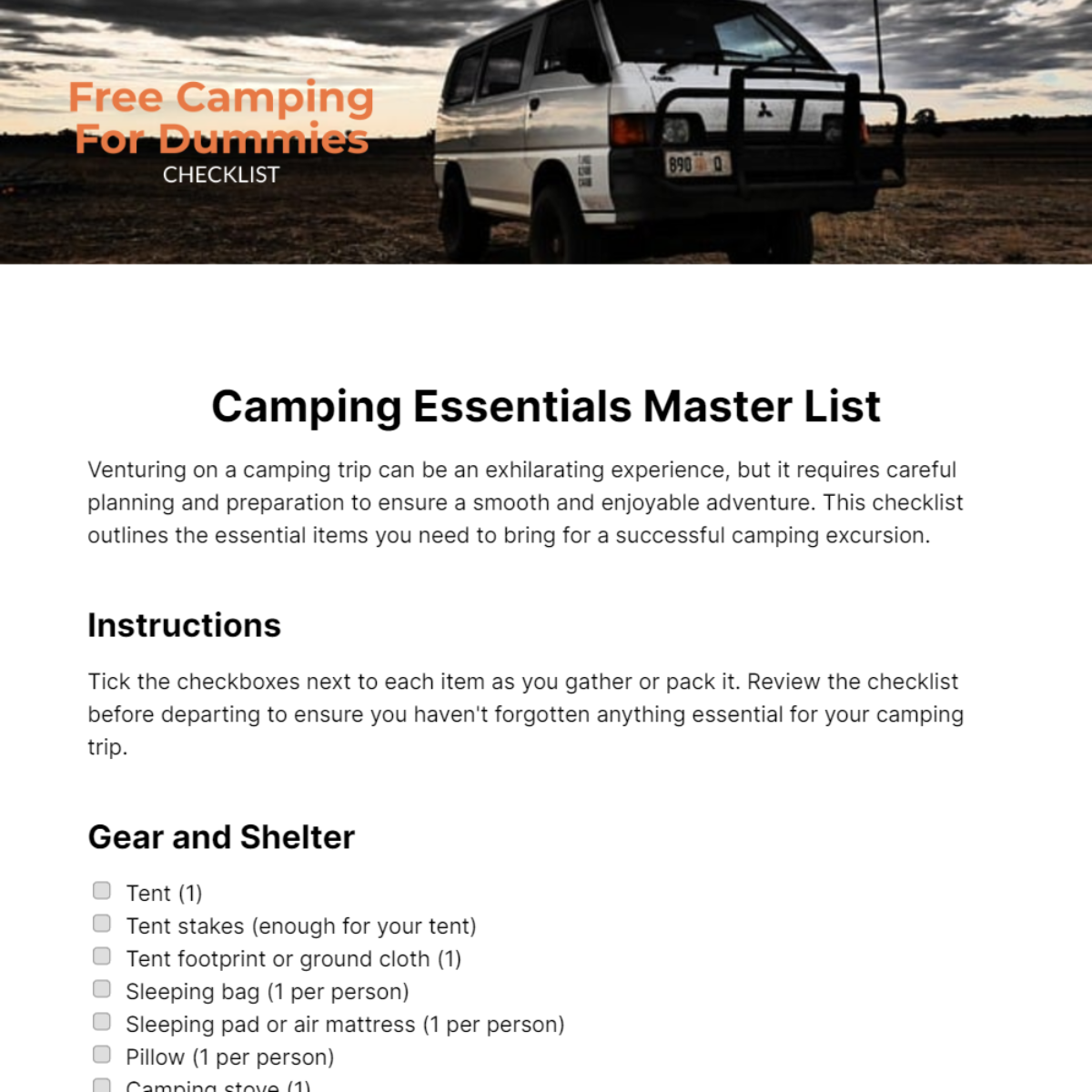 Camping For Dummies Checklist Template