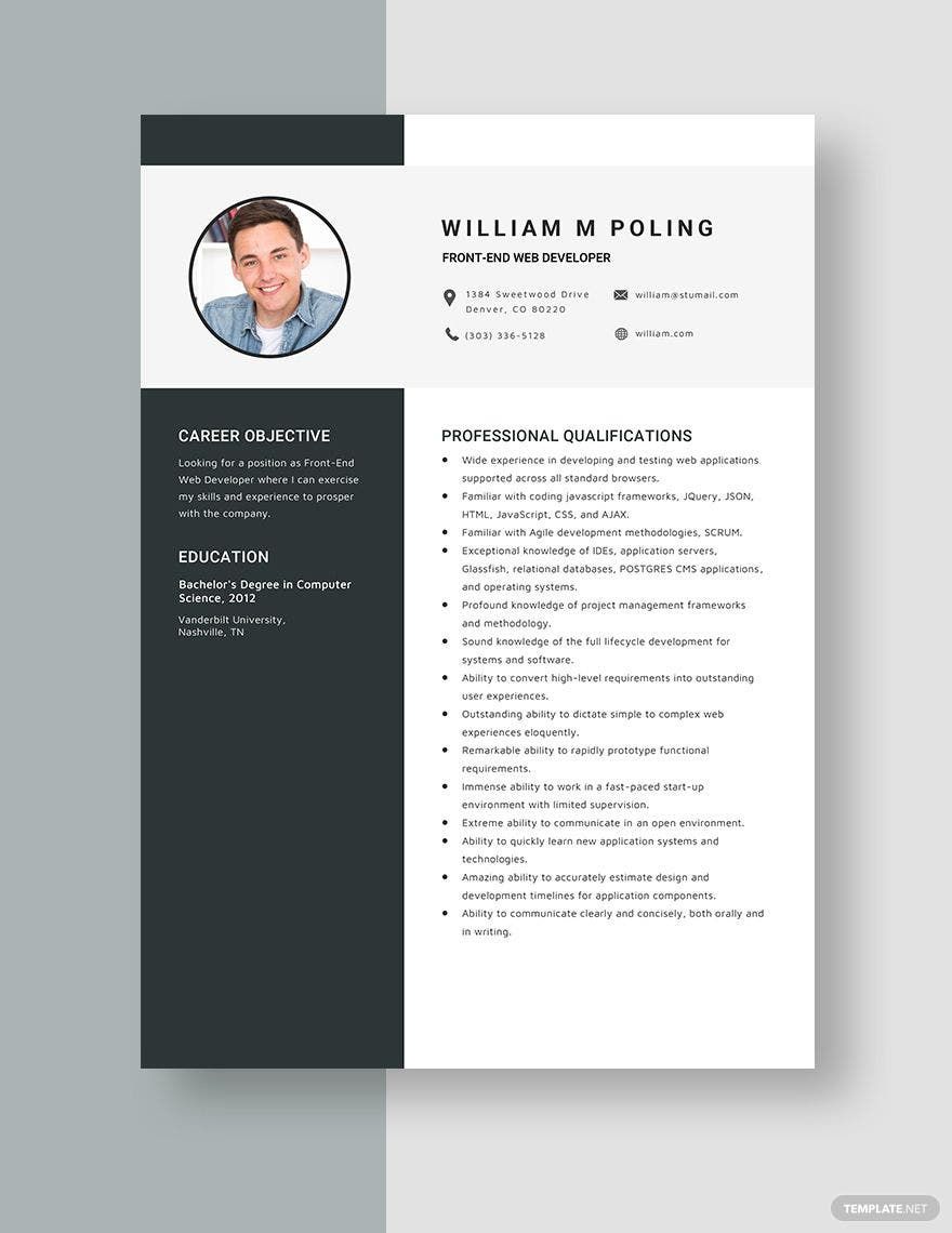 Front End Developer Resume in Publisher Word Pages PSD Download