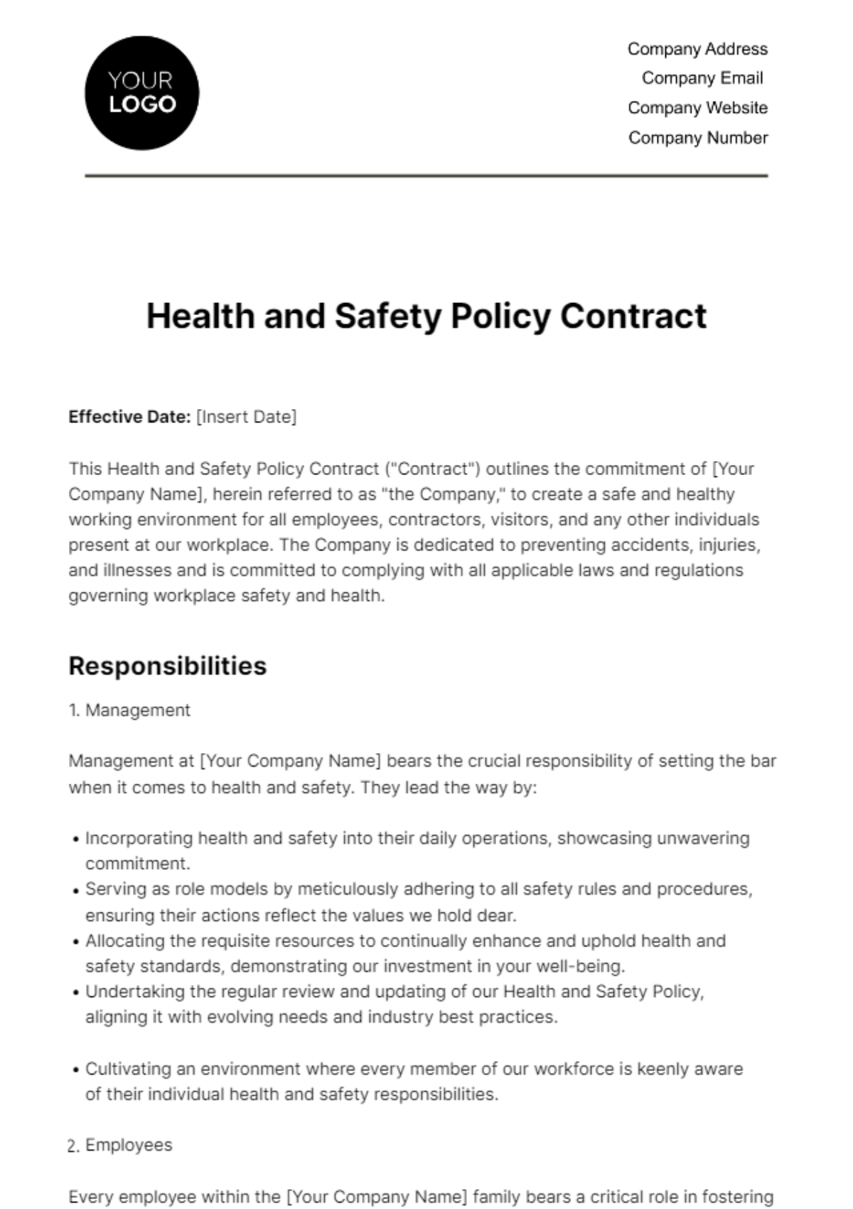 Free Health and Safety Policy Contract HR Template