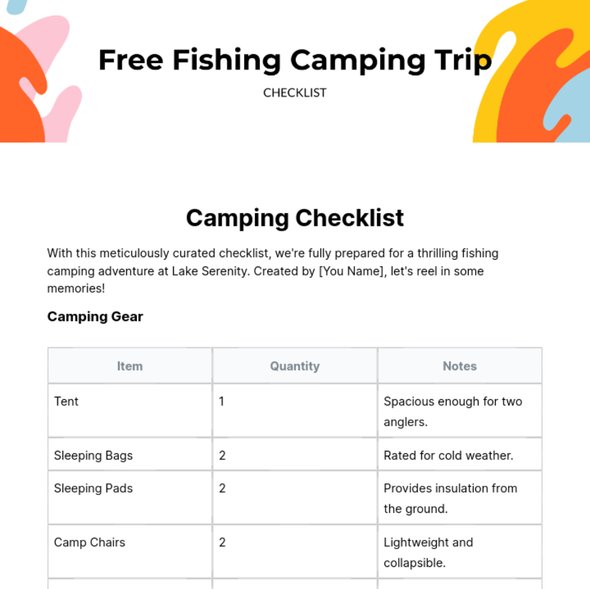 Fishing Camping Trip Checklist Template