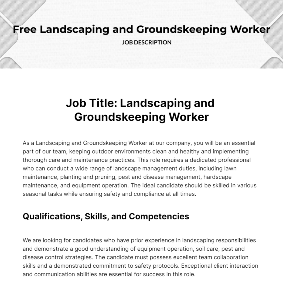 Free Landscaping and Groundskeeping Workers Job Description Template