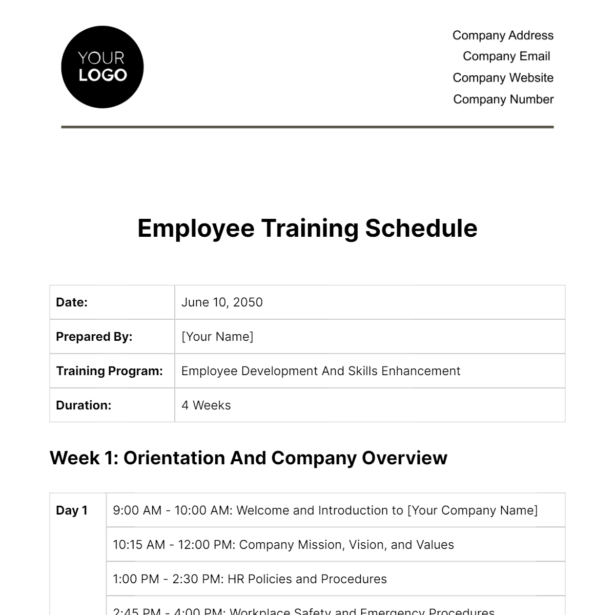 Employee Training Schedule HR Template
