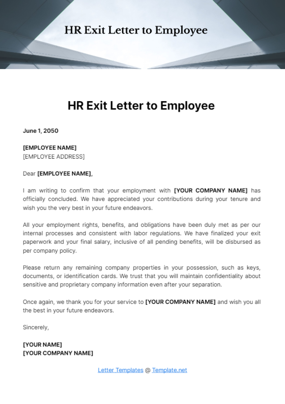 Free HR Exit Letter to Employee Template
