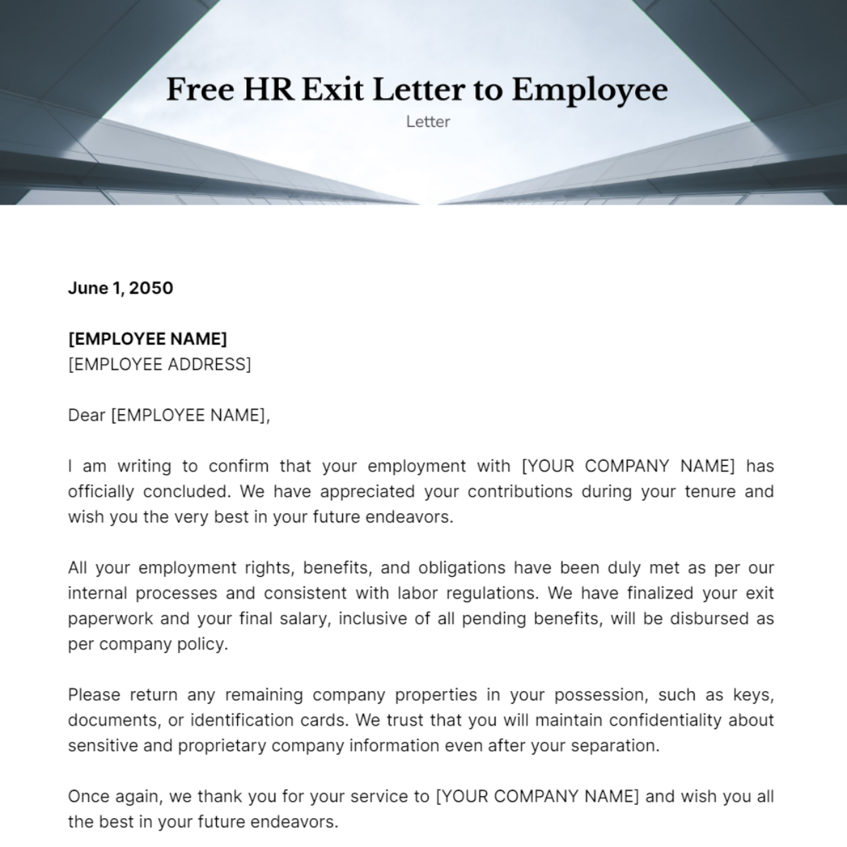 HR Exit Letter to Employee Template