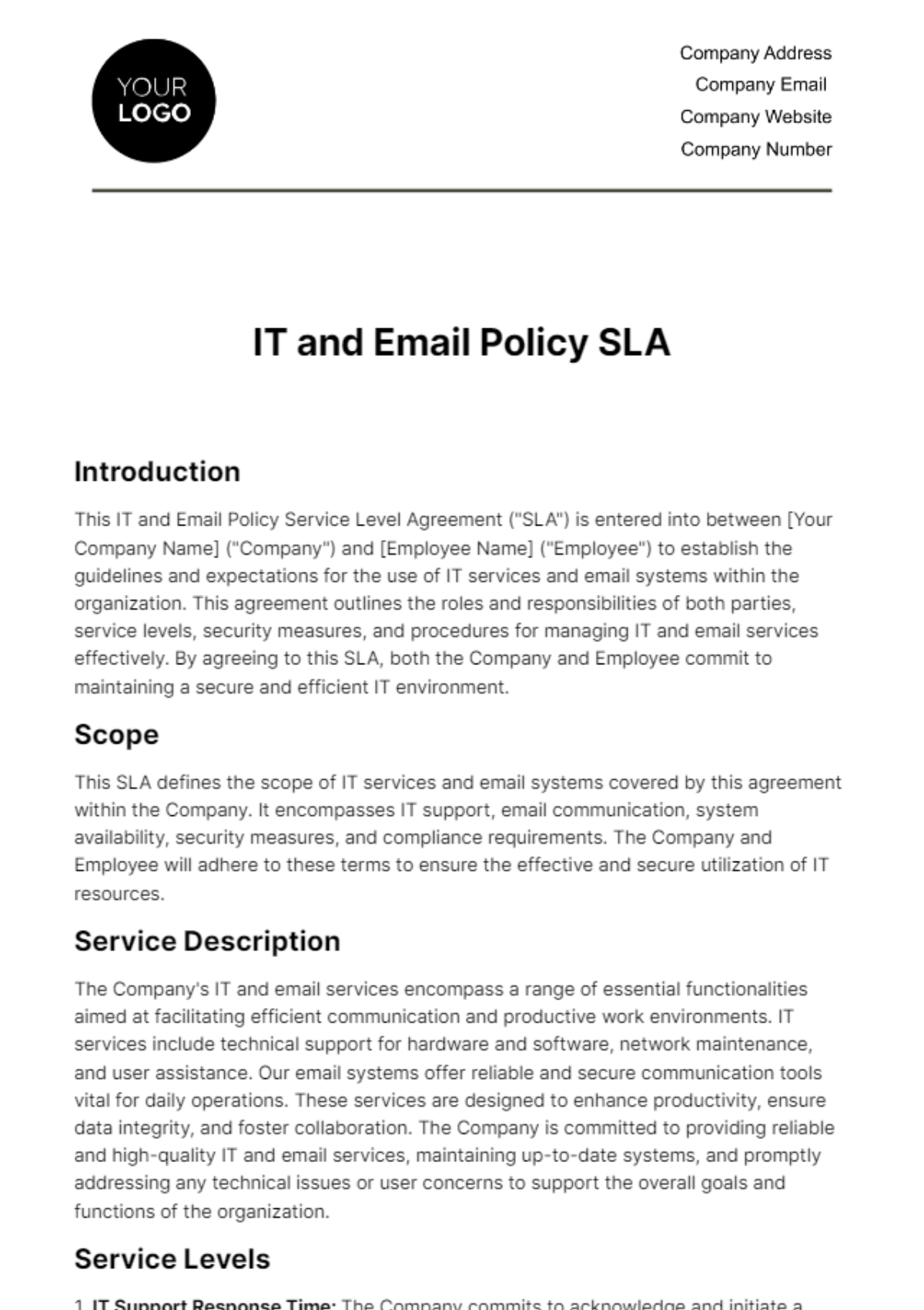 Free IT and Email Policy SLA HR Template