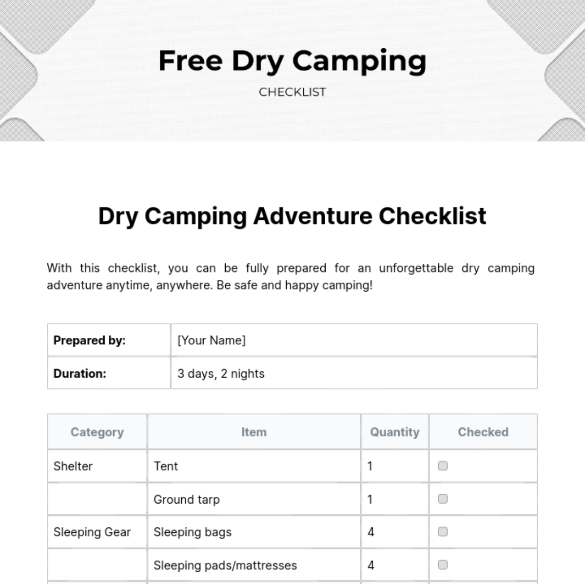 Dry Camping Checklist Template - Edit Online & Download