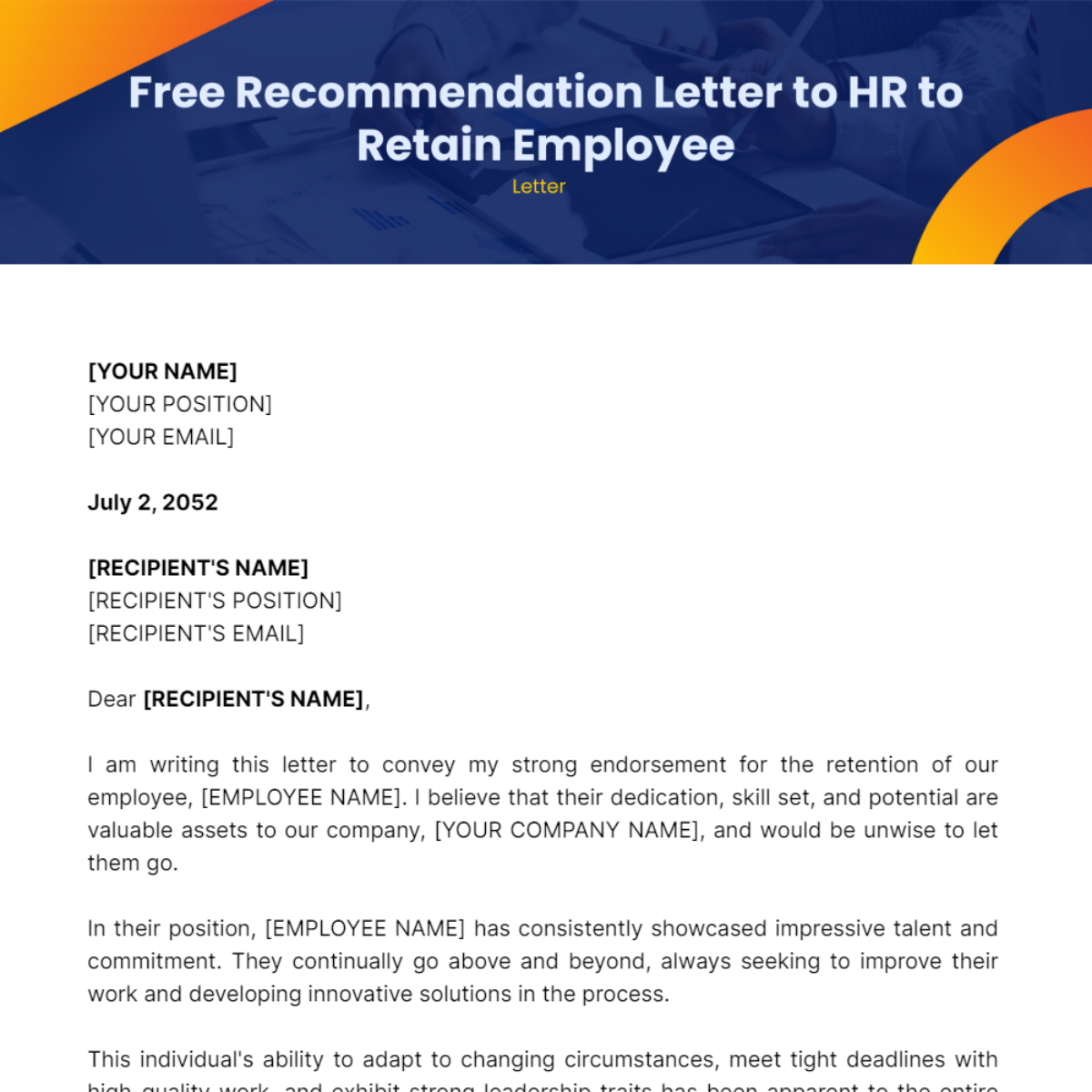 Recommendation Letter to HR to Retain Employee Template