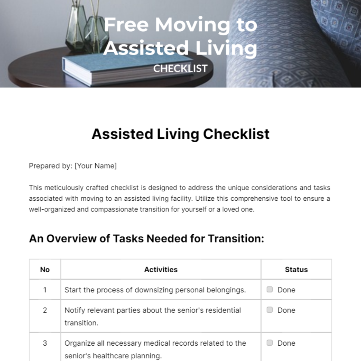 Moving to Assisted Living Checklist Template