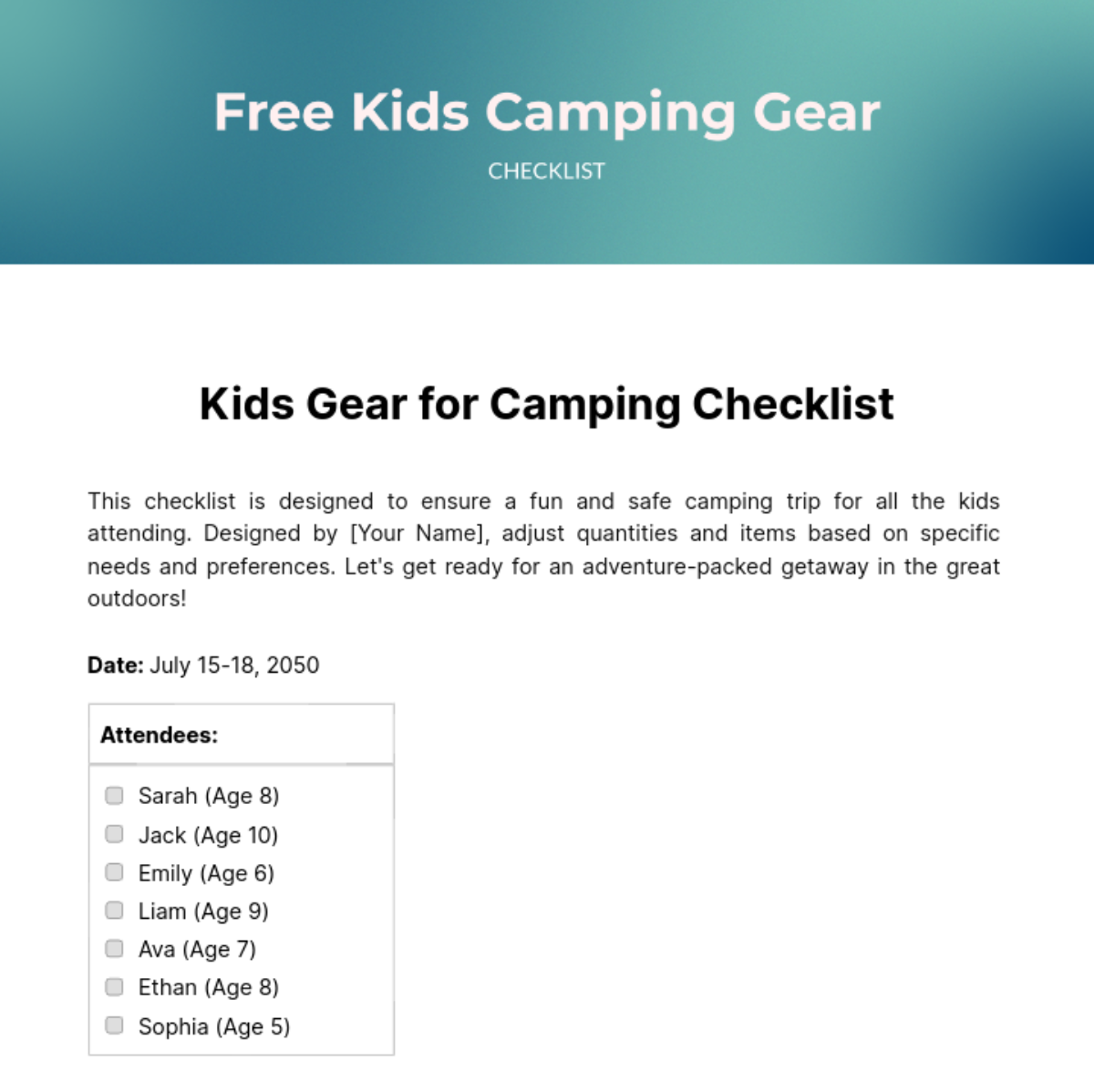 Kids Camping Gear Checklist Template